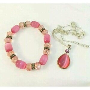 Lucky Pink Cat Eye Crystals bracelet and pendant necklace set 17"